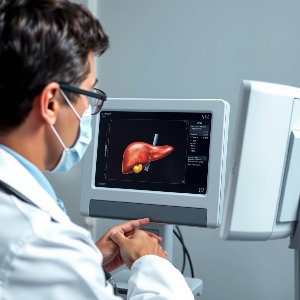 Photorealistic image of a doctor examining a patient's liver with an ultrasound machine. The doctor is explaining the results with a reassuring expression, promoting proactive healthcare.