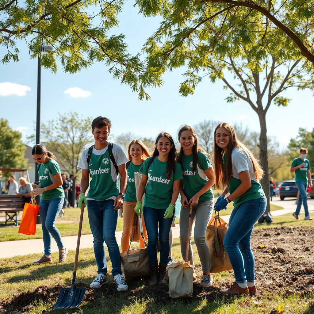 Photorealistic image of a group of young volunteers working together to clean up a local park on a sunny day. The scene is filled with positivity and collaboration, with the volunteers smiling and working diligently. Style: Naturalistic photography with a focus on emotion and community.