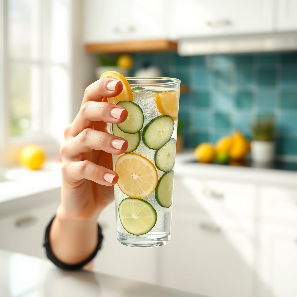 Photorealistic image of a person drinking a refreshing glass of water with slices of lemon and cucumber. The background is a bright and airy kitchen, symbolizing a healthy lifestyle.