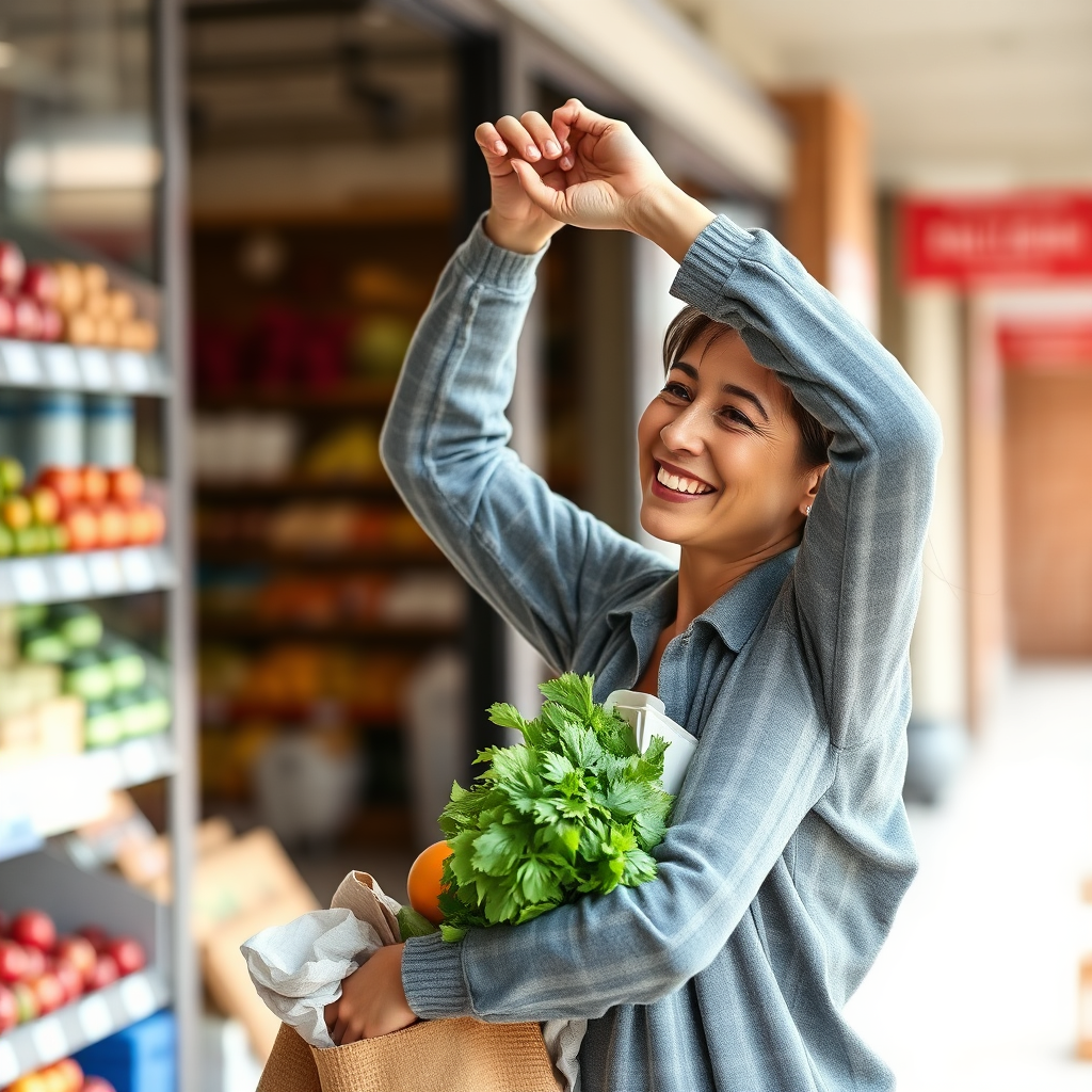 Photorealistic image of a person lifting groceries with a smile and ease.