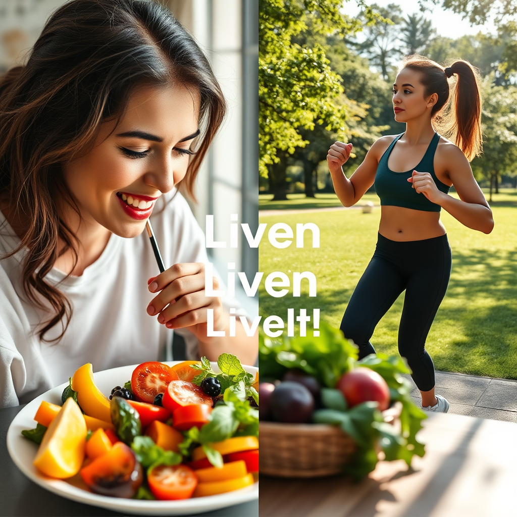 Photorealistic image of a person enjoying a healthy meal with vibrant fruits and vegetables, alongside a person exercising outdoors in a sunny park, representing a holistic approach to liver health.