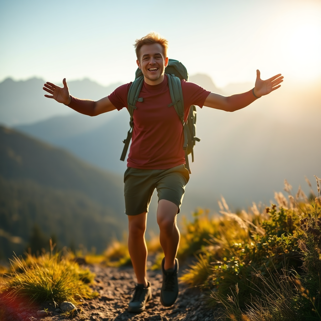 Photorealistic image of a vibrant, energetic person hiking up a mountain trail, bathed in the warm glow of the morning sun. The scene conveys a sense of vitality and well-being.