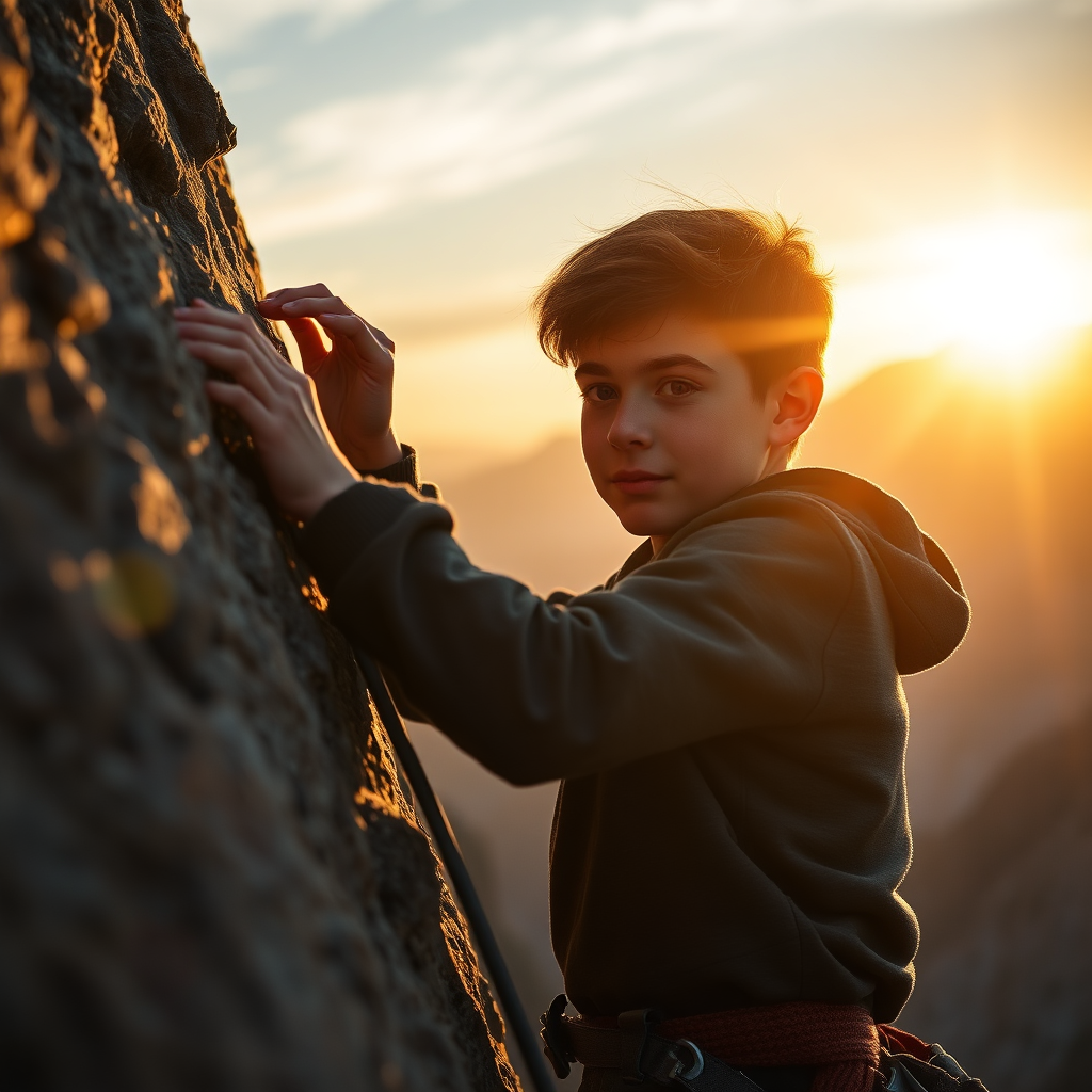 Photorealistic image of a young, determined rock climber, scaling a challenging cliff face at sunrise. Focus on their grip, the texture of the rock, and the radiant light illuminating their face. The climber should be silhouetted against the bright sky, showcasing their strength and resilience. Style: Hyperrealistic photography with dramatic lighting.