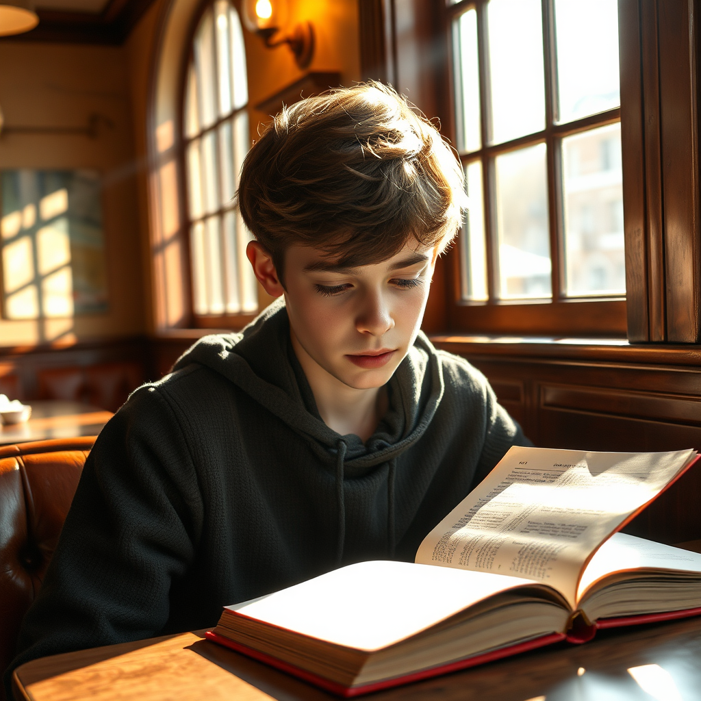 Photorealistic image of a young student engrossed in a book at a cozy cafe. Sunlight streams through the window, illuminating the student's face and the pages of the book. Style: Warm, inviting photography with a focus on natural light and texture.