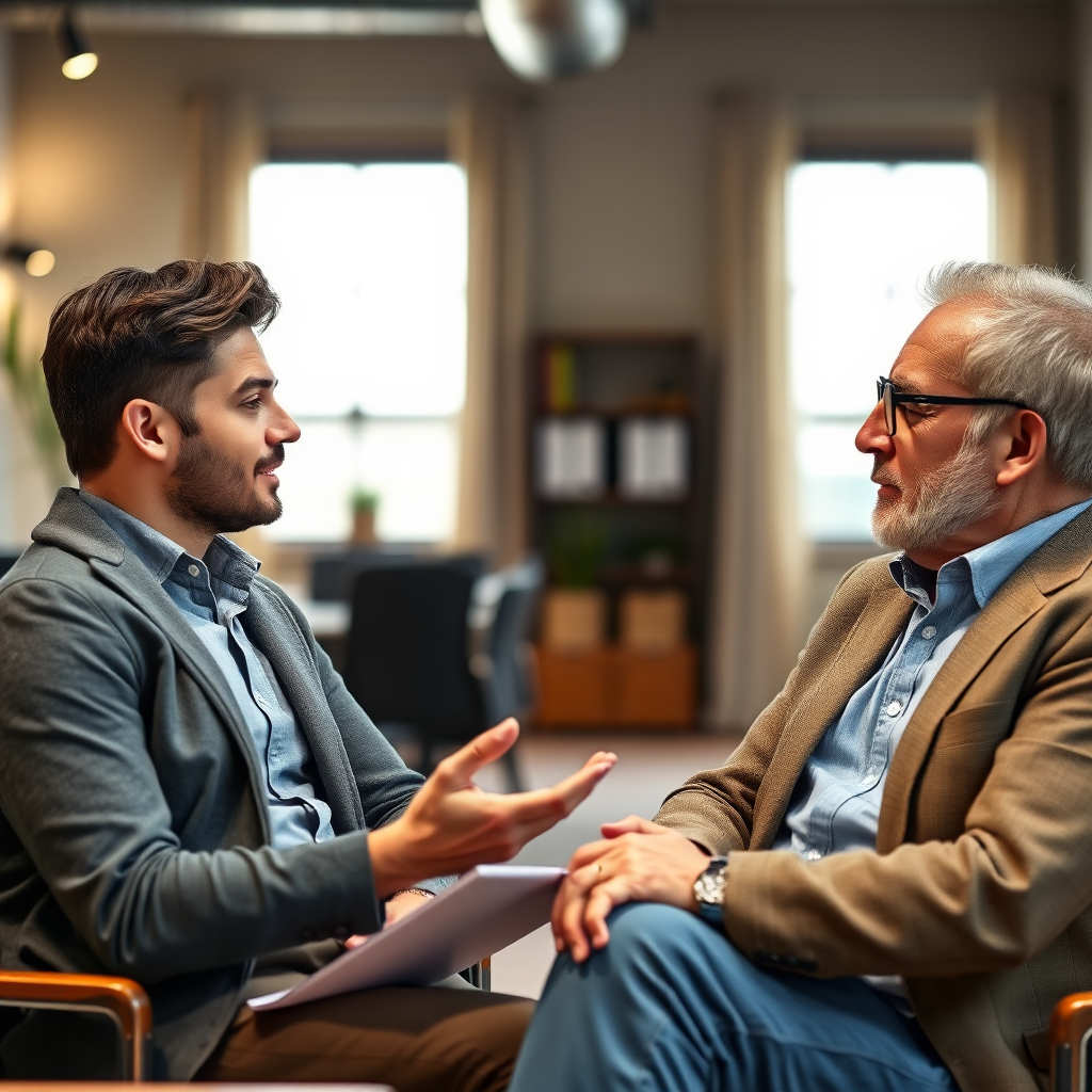 Photorealistic image of a young entrepreneur receiving advice from a seasoned business mentor in a modern office setting. The mentor is gesturing thoughtfully, while the mentee listens intently. Focus on the expressions of both individuals and the warm, inviting atmosphere of the office. Style: Naturalistic photography with soft, diffused lighting.