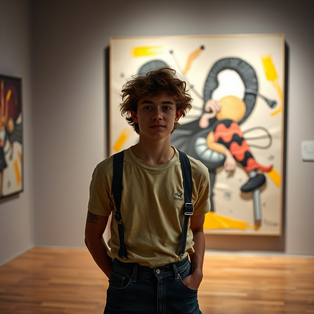 Photorealistic image of a young artist standing proudly in front of their unconventional and thought-provoking artwork in a modern art gallery. The lighting is dramatic, highlighting the artist's confidence and the unique nature of their creation. Style: Artistic photography with a focus on texture and emotion.