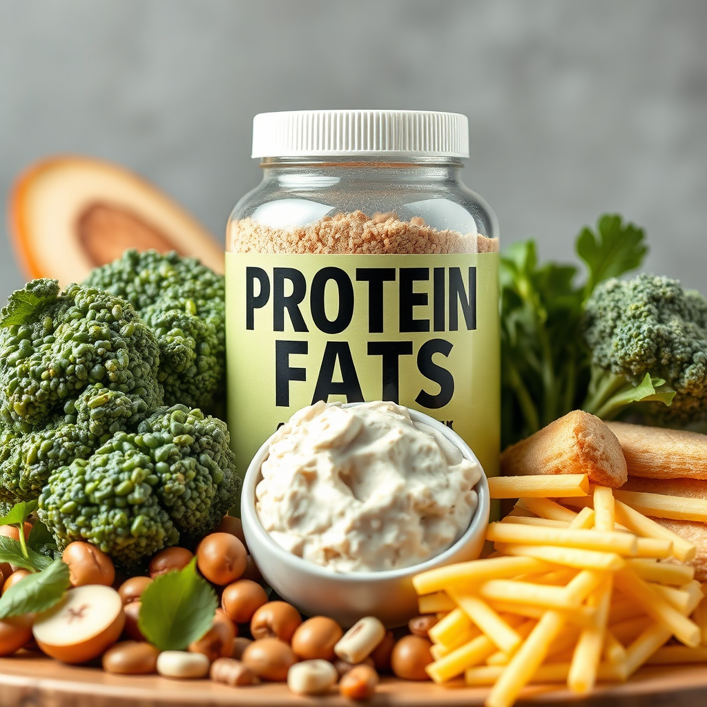Photorealistic image of food like protein, healthy fats and complex carbs.