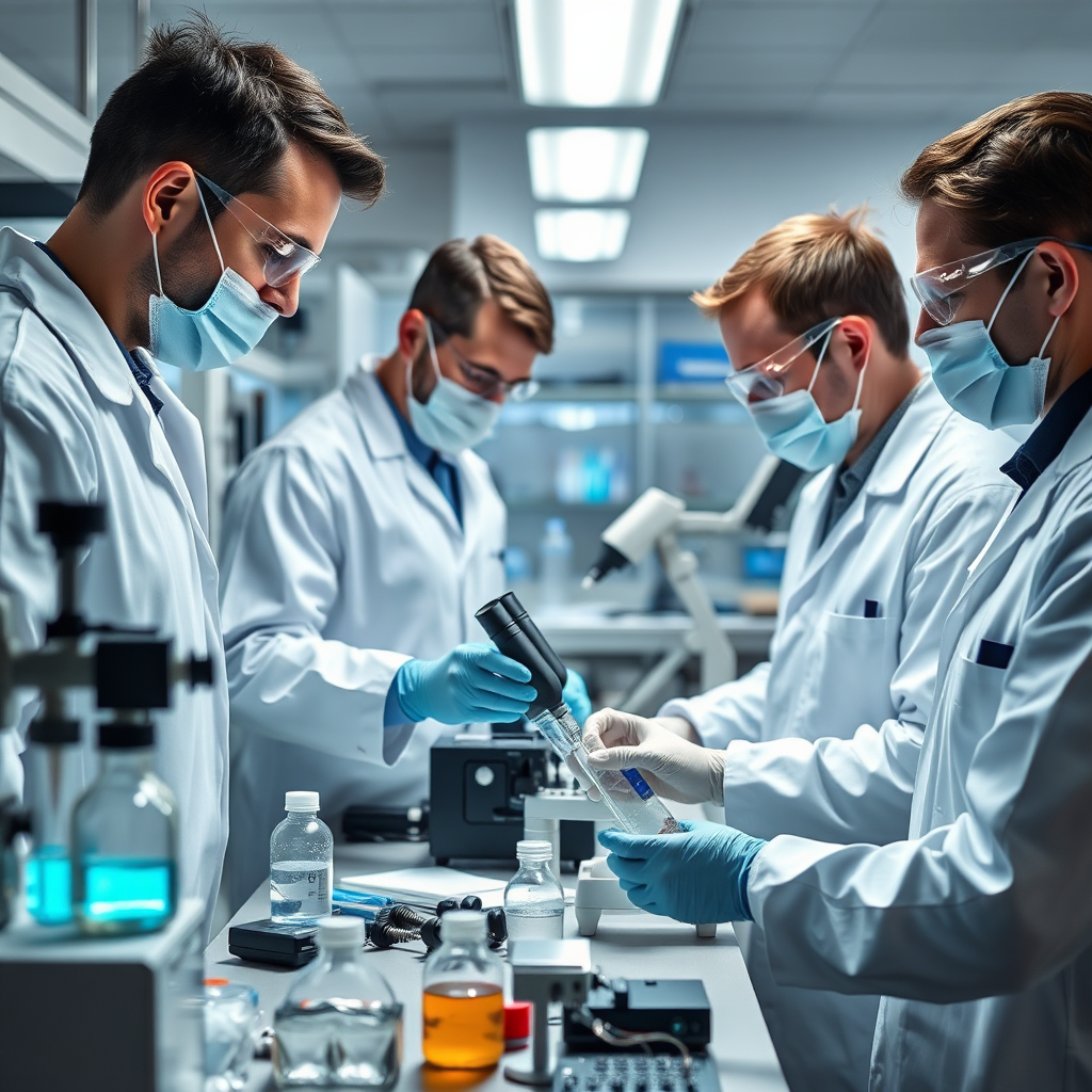 Photorealistic image of scientists making medical breakthroughs in a lab with high tech equipment.