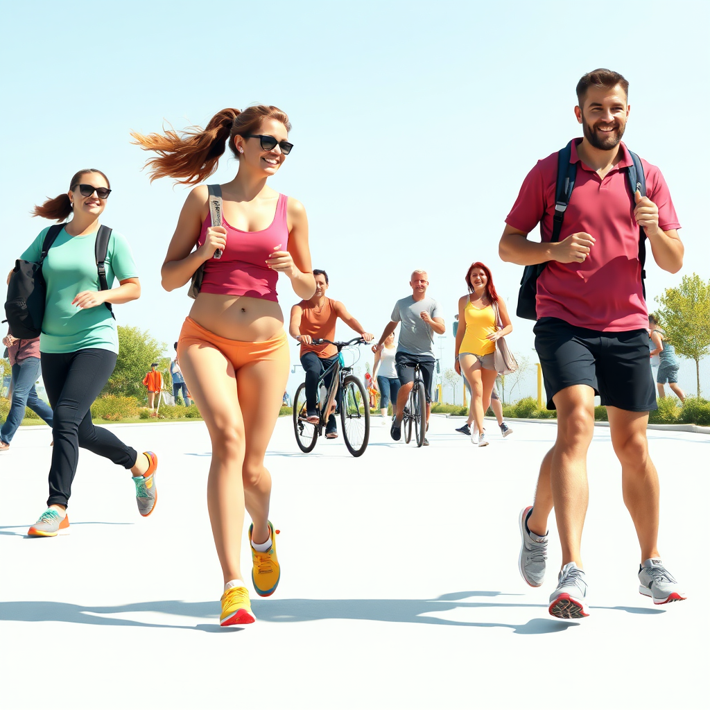 Photorealistic image of various people enjoying activities like walking, cycling and other exercises.