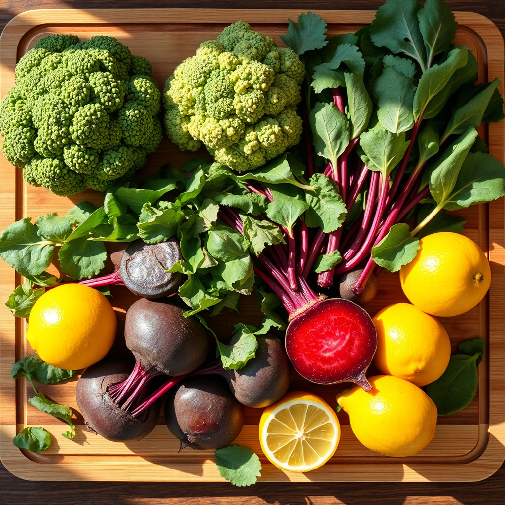 Photorealistic overhead shot of a colorful array of liver-friendly foods, including broccoli, spinach, beets, and lemons, arranged artfully on a wooden cutting board. Natural sunlight illuminates the scene.