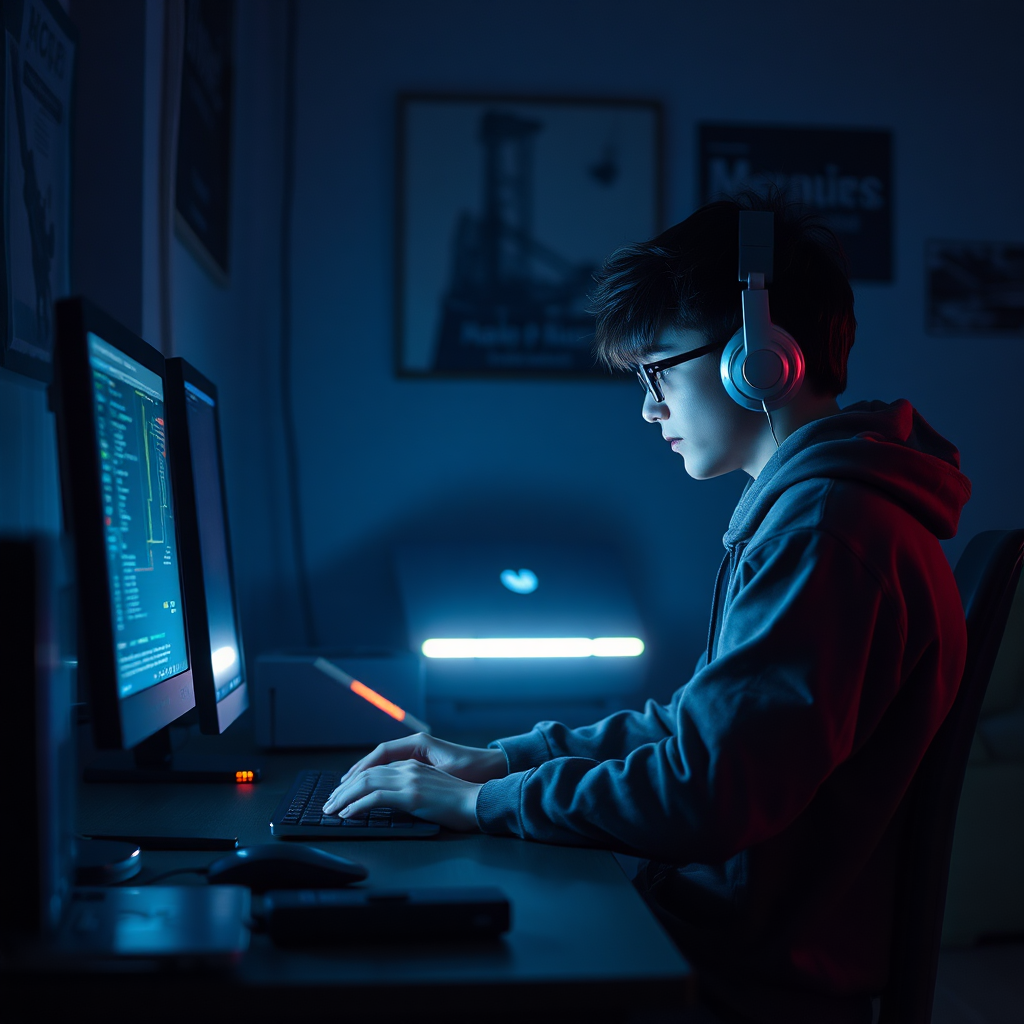 Photorealistic scene depicting a young coder working diligently at their computer late at night, illuminated by the glow of the screen. The room is sparsely furnished, emphasizing the coder's focus and dedication. Style: Cyberpunk-inspired with neon highlights and a gritty, urban feel.
