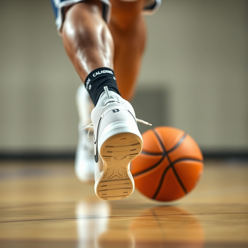 Picture a basketball player's feet, agile and light, as they dribble down the court. Focus is on the swift, controlled movement, captured in sharp detail with professional sports photography. Background blurred to emphasize the speed and action. 8k, hyperrealistic.