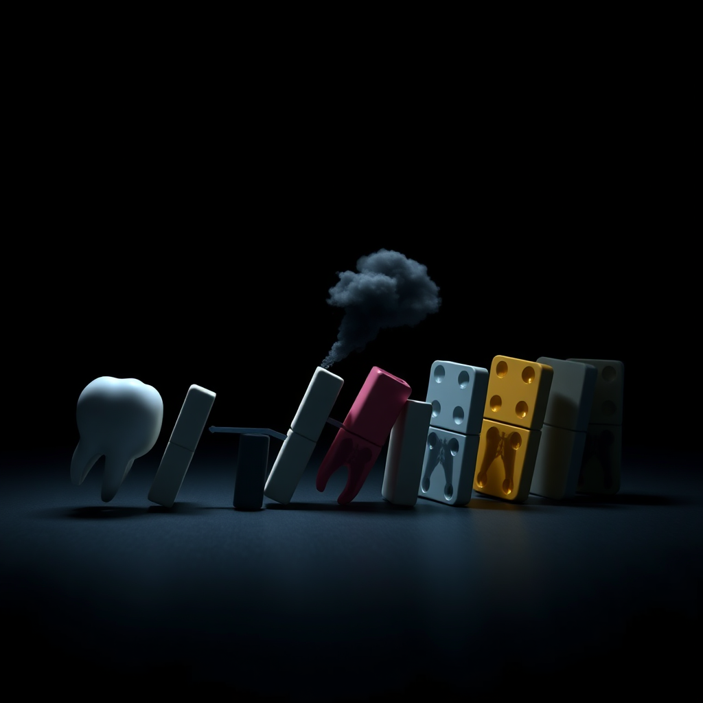 Picture a domino effect starting with an unhealthy tooth. The first domino falls, leading to a sequence of events illustrating various negative consequences: inflamed gums, bad breath emitting as a dark cloud, and a faint outline of internal organs symbolizing systemic health issues. The dominoes are arranged in a dark, minimalist setting. Lighting: dim, dramatic lighting focusing on the dominoes falling. Color code each domino with a specific color to indicate its impact. Style: minimalist, conceptual, 8k, photorealistic.