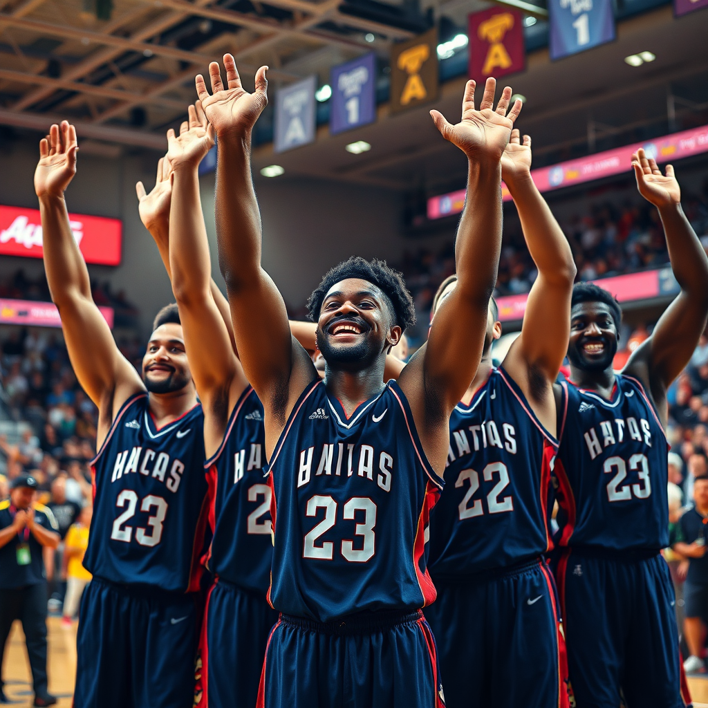 Picture a group of basketball players in uniform, arms raised in victory after a game. Their faces are beaming with smiles, reflecting the thrill of the win. The setting is a vibrant basketball court filled with cheering fans. The lighting is bright and celebratory, enhancing the mood of success. Focus on the team unity and the joy of achievement. Use a wide-angle lens to capture the entirety of the celebratory moment. 8K resolution, professional sports photography.