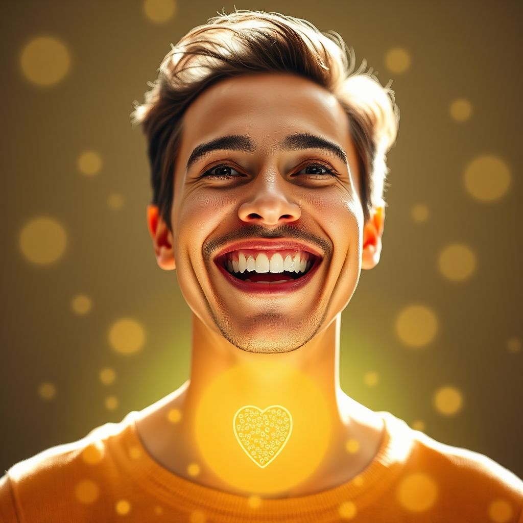 Show a person radiating confidence and health. They are smiling widely, with healthy gums and bright teeth. Surrounding them is a glowing aura representing a healthy oral microbiome. Include subtle visual cues representing the long-term benefits: a healthy heart symbol, a confident posture, and a sense of overall well-being. Lighting: bright, warm lighting. Style: lifestyle portrait, 8k, photorealistic.