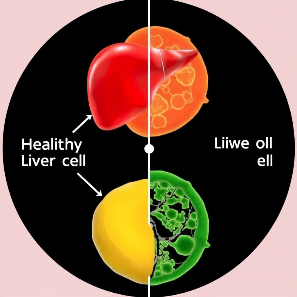 Stylized diagram contrasting a healthy liver cell with a damaged liver cell, illustrating the progression of liver disease. The healthy cell is bright and structured, while the damaged cell is dark and distorted.