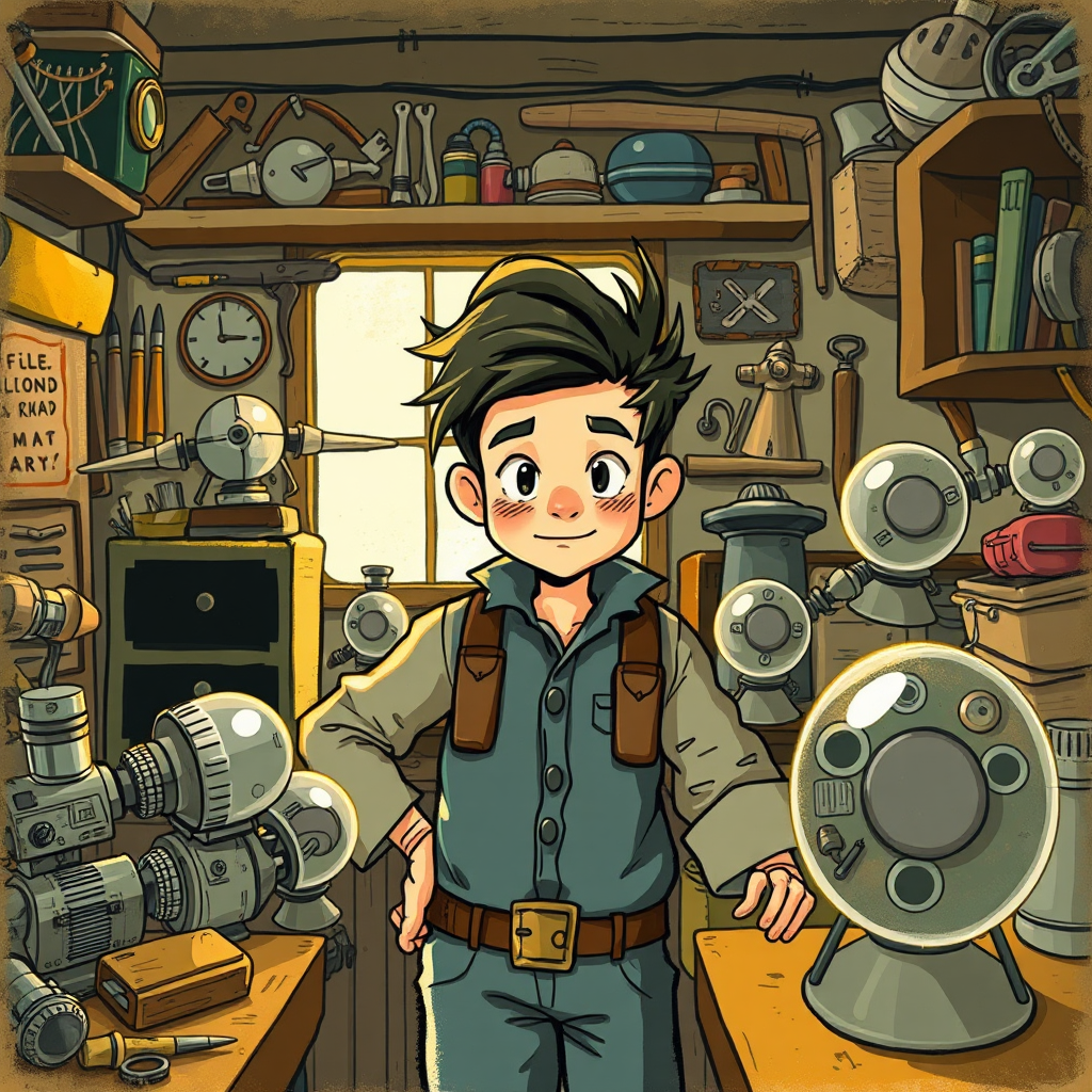 Stylized illustration of a young inventor surrounded by failed prototypes of a flying machine. The setting is a cozy, cluttered workshop filled with tools and spare parts. The lighting is soft and warm, highlighting the inventor's determined expression and the whimsical nature of the failed inventions. Style: Retro-futuristic illustration with muted colors and textured brushstrokes.