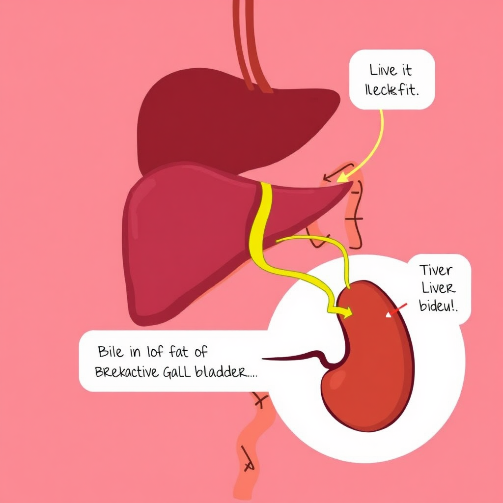 Stylized illustration of the digestive system, highlighting the liver and gallbladder. The illustration emphasizes the flow of bile and its role in breaking down fats.