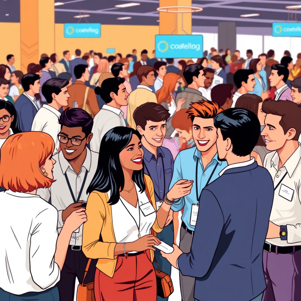 Stylized image of a group of diverse young professionals networking at a vibrant conference. The scene is filled with energy and excitement, with individuals exchanging business cards and engaging in animated conversations. Style: Bold, graphic illustration with vibrant colors and dynamic compositions.