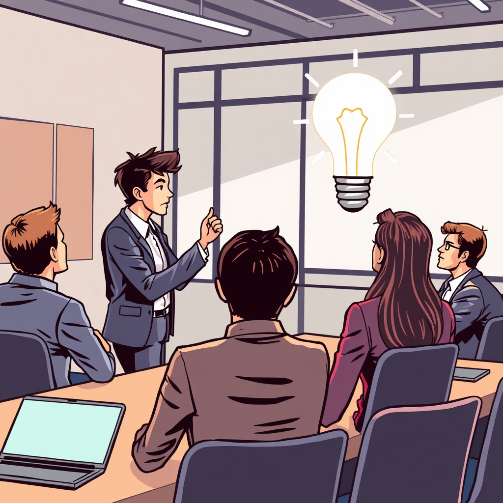 Stylized image of a young entrepreneur pitching their innovative idea to a panel of investors in a modern boardroom. The scene is tense and exciting, with the entrepreneur exuding confidence and passion. Style: Dynamic, graphic illustration with a focus on composition and color.