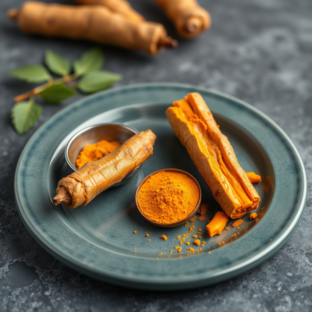 Create an image featuring a variety of dishes with turmeric as an ingredient (e.g., curry, golden milk). The background contains a faint image of a doctor approving. The image promotes natural sources of turmeric, ensuring safety. Warm, inviting colors are used.