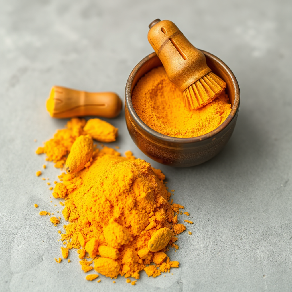 Design an image showing a measuring spoon with a precise amount of turmeric (around 1000mg) being carefully measured. The focus should be on the precision and the limit. A blurred background shows a healthy liver. The color scheme is green (health) and yellow (turmeric), creating a balanced visual.