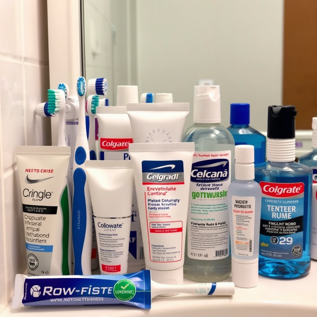 Various toothbrushes, toothpastes, and mouthwashes arranged neatly in a bathroom setting, highlighting their labels and benefits.