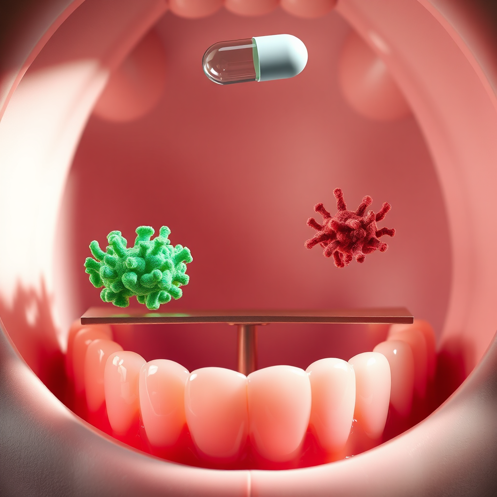 Visualize a balanced scale, with vibrant, healthy bacteria (greens/blues) on one side, equally balanced with a smaller amount of controlled harmful bacteria (muted reds/browns) on the other. A capsule of Prodentim floats above, symbolizing the restoration of balance. The scene is set inside a mouth, but abstracted for clarity. The gums below appear healthy and pink. Lighting: balanced, harmonious lighting. Style: abstract, metaphorical, 8k, hyperrealistic.