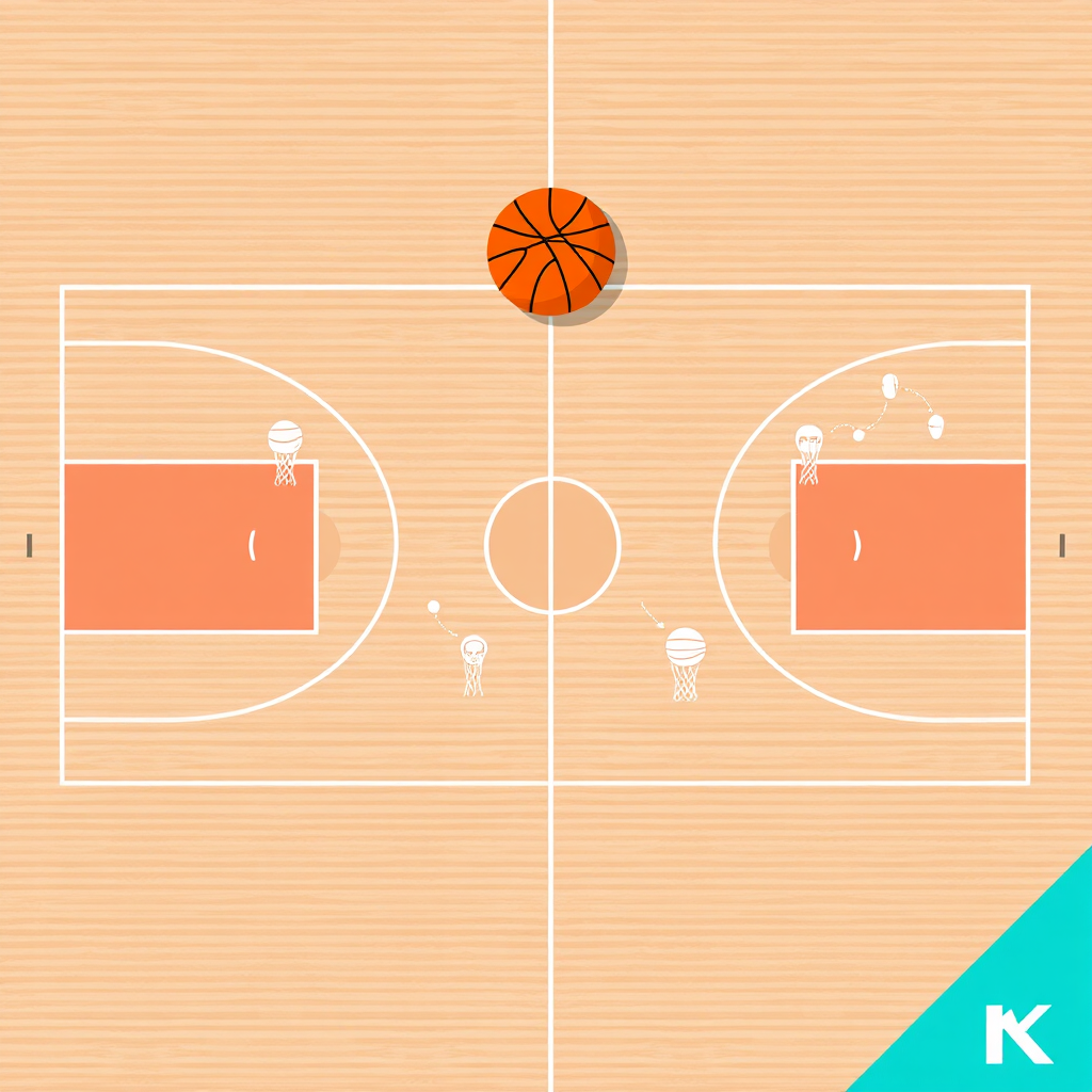 Visualize a basketball court divided into segments, each highlighting a different fundamental skill: dribbling, shooting, passing, defense. Use simple, clear icons and diagrams to represent each skill. The style should be clean and modern, similar to an infographic. Use a bright and engaging color palette to capture attention. The background should be a muted basketball court texture. Aim for a visually appealing and informative representation of the building blocks of basketball success. 8k resolution, professional graphic design.