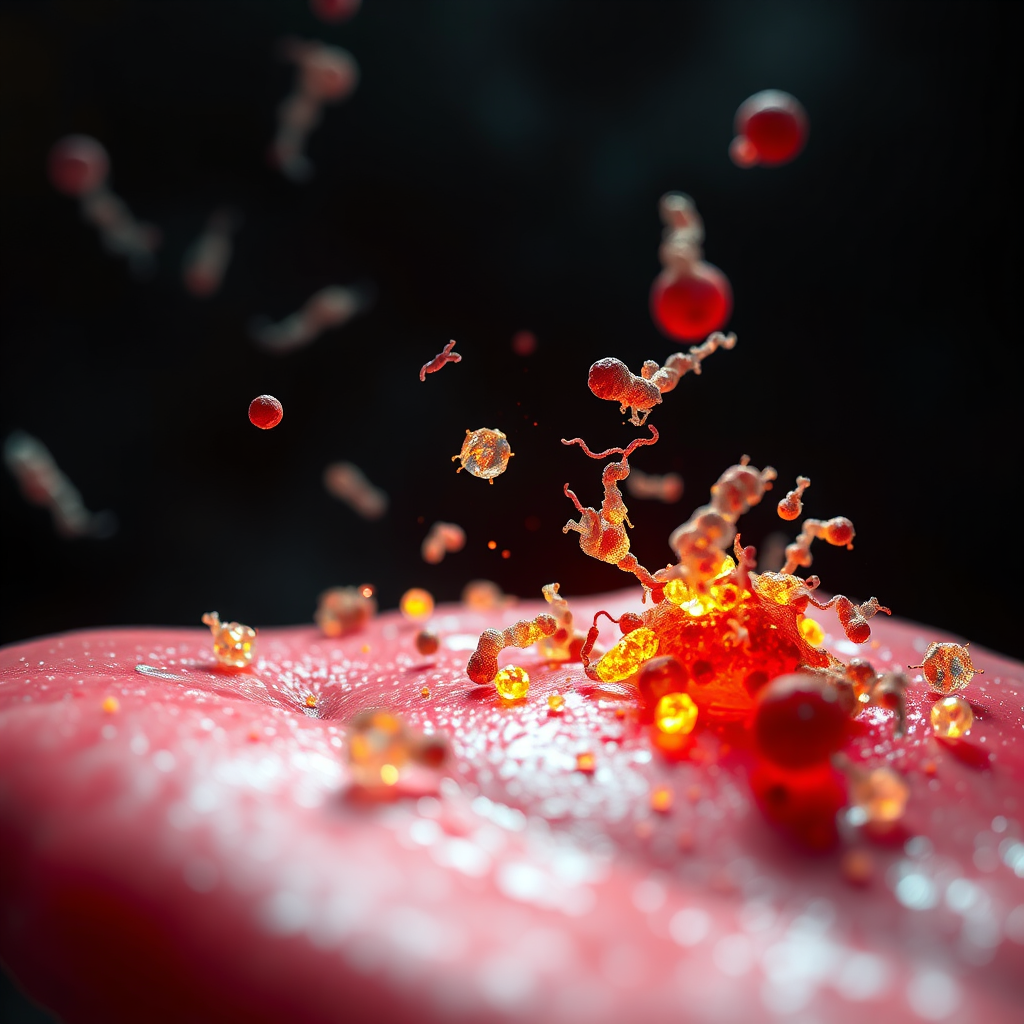 Visualize a 'battle' between good and bad bacteria. Good bacteria (glowing, vibrant) are actively pushing back the bad bacteria (dark, dull). The scene is set on the surface of a tongue. Focus is on the good bacteria winning the fight. Lighting: dynamic, accentuating the action. Style: stylized microscopic battle, 8k, photorealistic.
