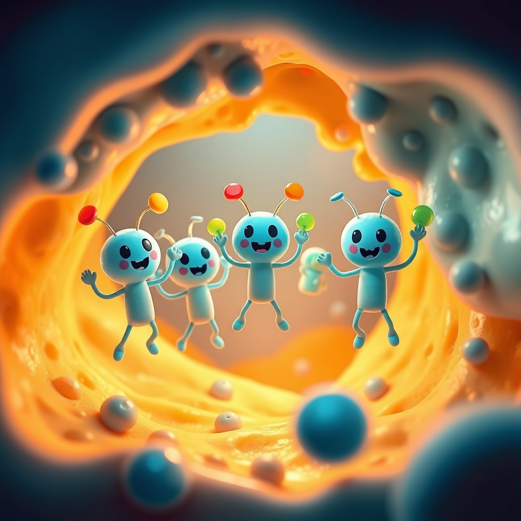 Visualize a group of friendly, vibrant bacteria (representing Prodentim's probiotic strains) arriving in a stylized oral cavity to restore balance. These bacteria should be depicted as tiny heroes, equipped with tools to combat bad breath. The color palette should be bright and cheerful, with blues, greens, and yellows dominating the scene. The lighting should be soft and inviting, highlighting the positive impact of these bacteria. The overall style should be playful and approachable, suitable for conveying the benefits of Prodentim. Render in 8K resolution with a focus on creating a welcoming and positive visual.