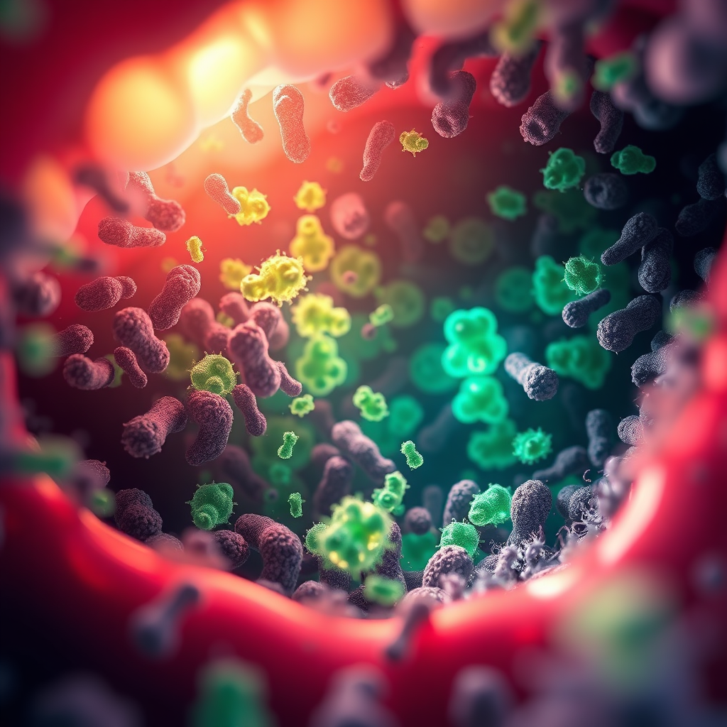 Visualize a microscopic view of a diverse bacterial ecosystem inside a healthy mouth. The scene is a balanced mix of beneficial bacteria (represented by glowing, friendly figures) and odor-causing bacteria (depicted as shadowy, less defined shapes). Focus on the interaction between these bacterial groups, highlighting the importance of balance. Use a color palette of vibrant greens and blues for the good bacteria, contrasting with muted grays and purples for the bad. Lighting should be soft and diffused, emphasizing the delicate nature of this ecosystem. Capture the microscopic textures and details of individual bacteria. Render in 8K resolution with photorealistic detail for a scientific yet artistic representation.