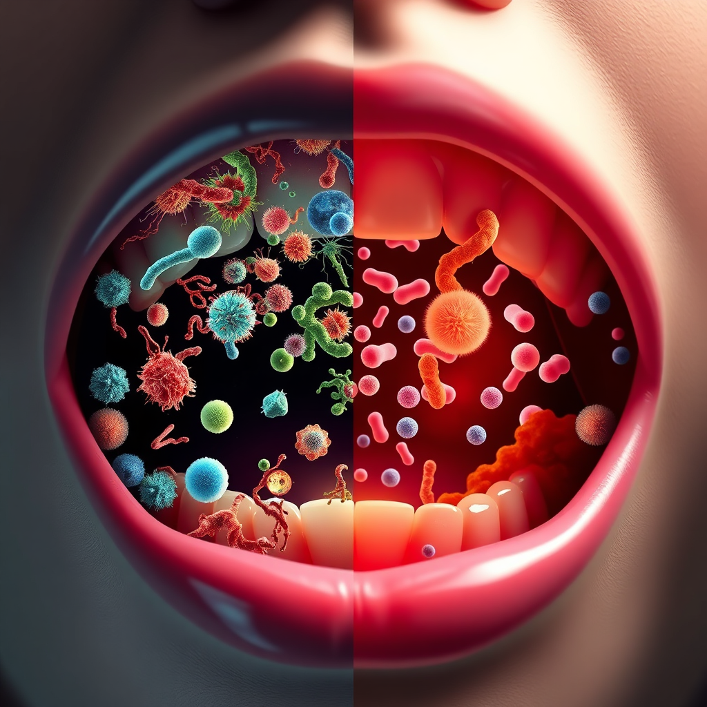 Visualize a mouth with an imbalanced microbiome being restored to harmony with the introduction of Prodentim. Depict the transition from a chaotic environment to a peaceful one, with beneficial bacteria taking over and pushing out harmful bacteria. Use contrasting color palettes to represent the before and after states. The lighting should shift from dim to bright, symbolizing the restoration of balance. Render in 8K resolution with a focus on showcasing the transformation.