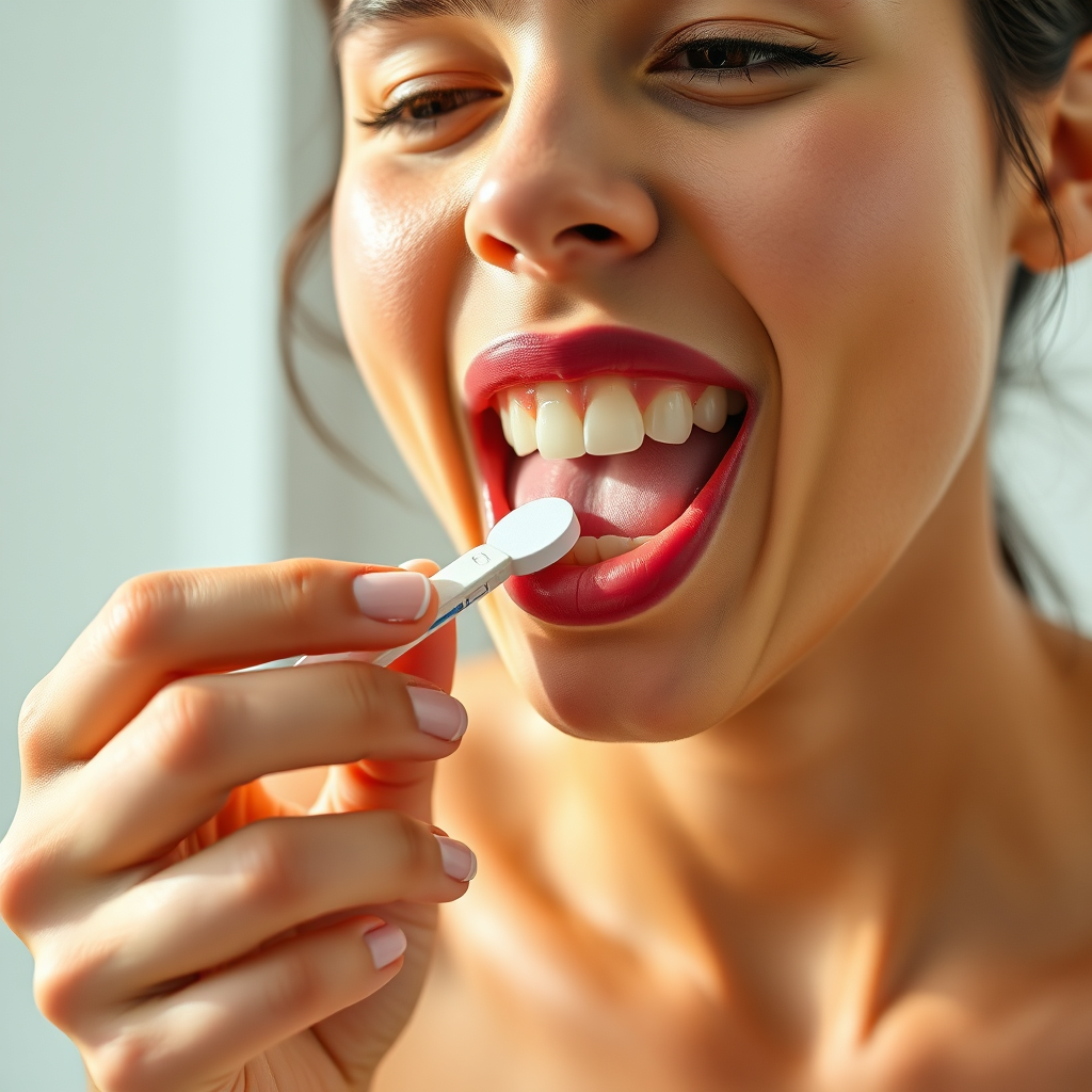 Visualize a person effortlessly adding Prodentim to their daily routine, perhaps placing a tablet on their tongue after brushing their teeth. The scene should be clean and minimalist, with a focus on ease of use. Use a bright and inviting color palette to emphasize the positive association with Prodentim. The lighting should be soft and natural, highlighting the simplicity of the routine. Render in 8K resolution with a focus on creating a sense of ease and convenience.