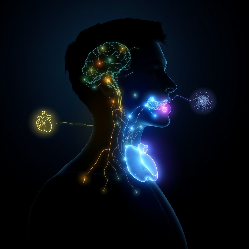 Visualize a person's silhouette with a network of glowing lines connecting their mouth to other parts of their body (brain, heart, gut). The lines originating from a healthy mouth should be bright and clear, while the lines originating from an unhealthy mouth should be dim and fragmented. This represents the systemic effects of the oral microbiome. Lighting: dark background with glowing lines. Color palette: different colors for healthy vs. unhealthy connections. Style: Minimalist, conceptual illustration, 8K resolution.