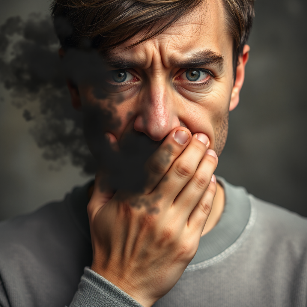 Visualize a person self-consciously covering their mouth with their hand due to bad breath. A dark, swirling cloud is emanating from their mouth, representing the unpleasant odor. Their eyes show embarrassment and discomfort. Focus on their expression and the dark cloud. The background is blurred and indistinct. Lighting: somber, reflecting their distress. Style: emotional portrait, 8k, photorealistic.