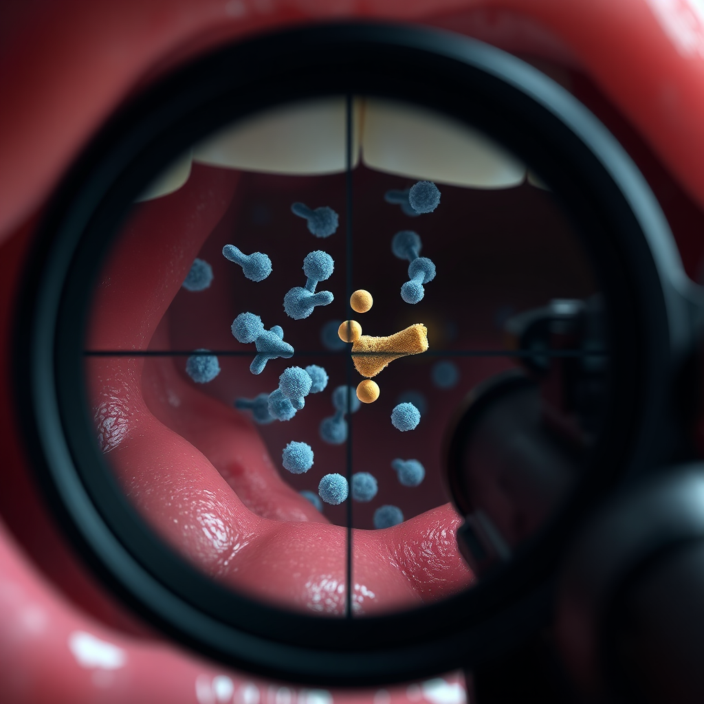 Visualize a sniper targeting odor-causing bacteria with Prodentim’s beneficial bacteria as the ammunition. The scope is precise and focuses on the harmful bacteria. The overall scene is set within a mouth cavity, showcasing the targeted action. Use a slightly more dramatic lighting to emphasize the accuracy and effectiveness. Render in 8K resolution with a focus on creating a sense of precision and effectiveness.