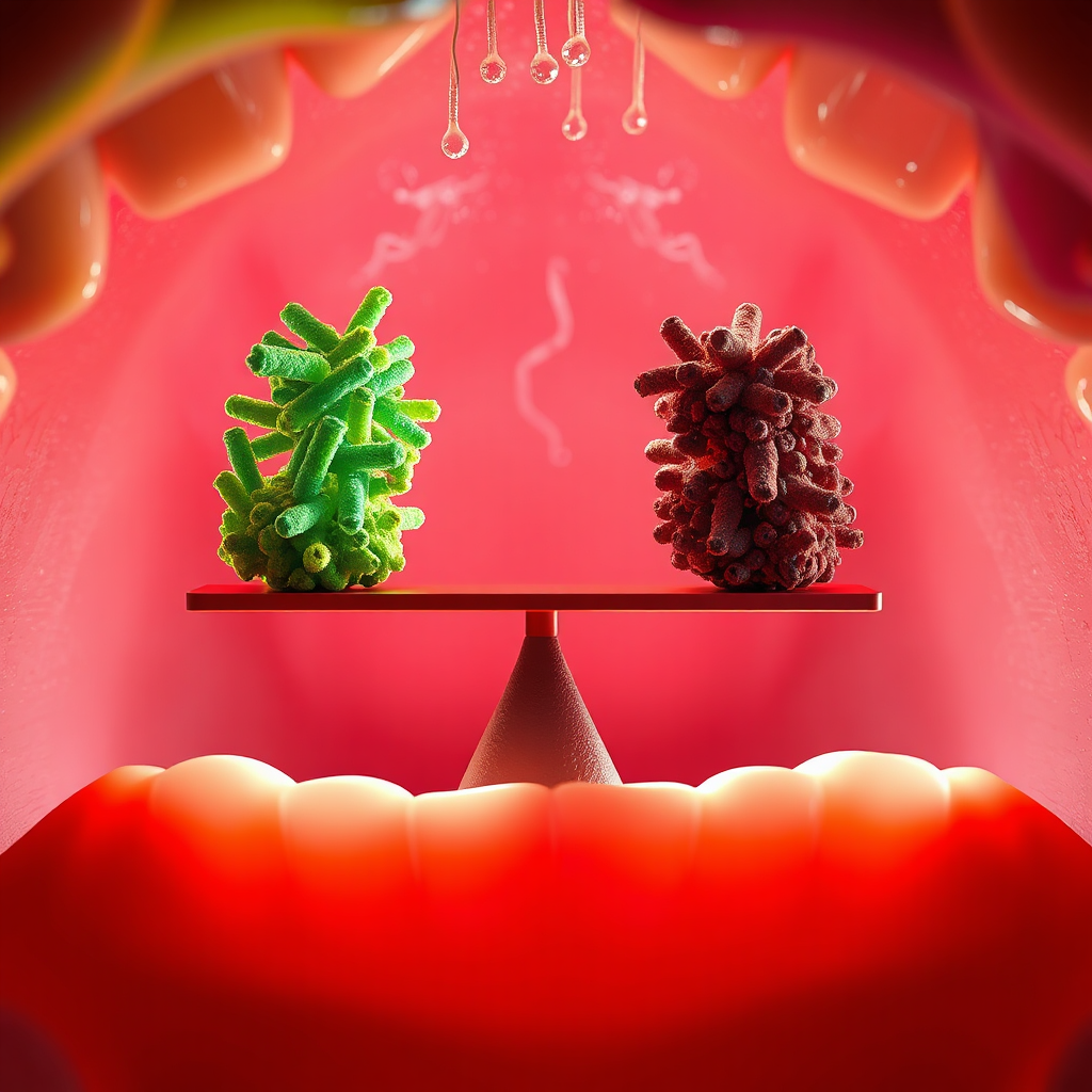Visualize a teeter-totter, representing the balance in the oral microbiome. On one side are vibrant, healthy bacteria (greens/blues), and on the other, dull, sickly bacteria (reds/browns). The 'sickly' side is weighted down, tipping the balance negatively. The scene is set inside a mouth, but abstracted for clarity. The teeter-totter is positioned above a bright, healthy gumline turning dark and inflamed. Lighting: high contrast, accentuating the imbalance. Style: abstract, metaphorical. 8K, hyperrealistic.