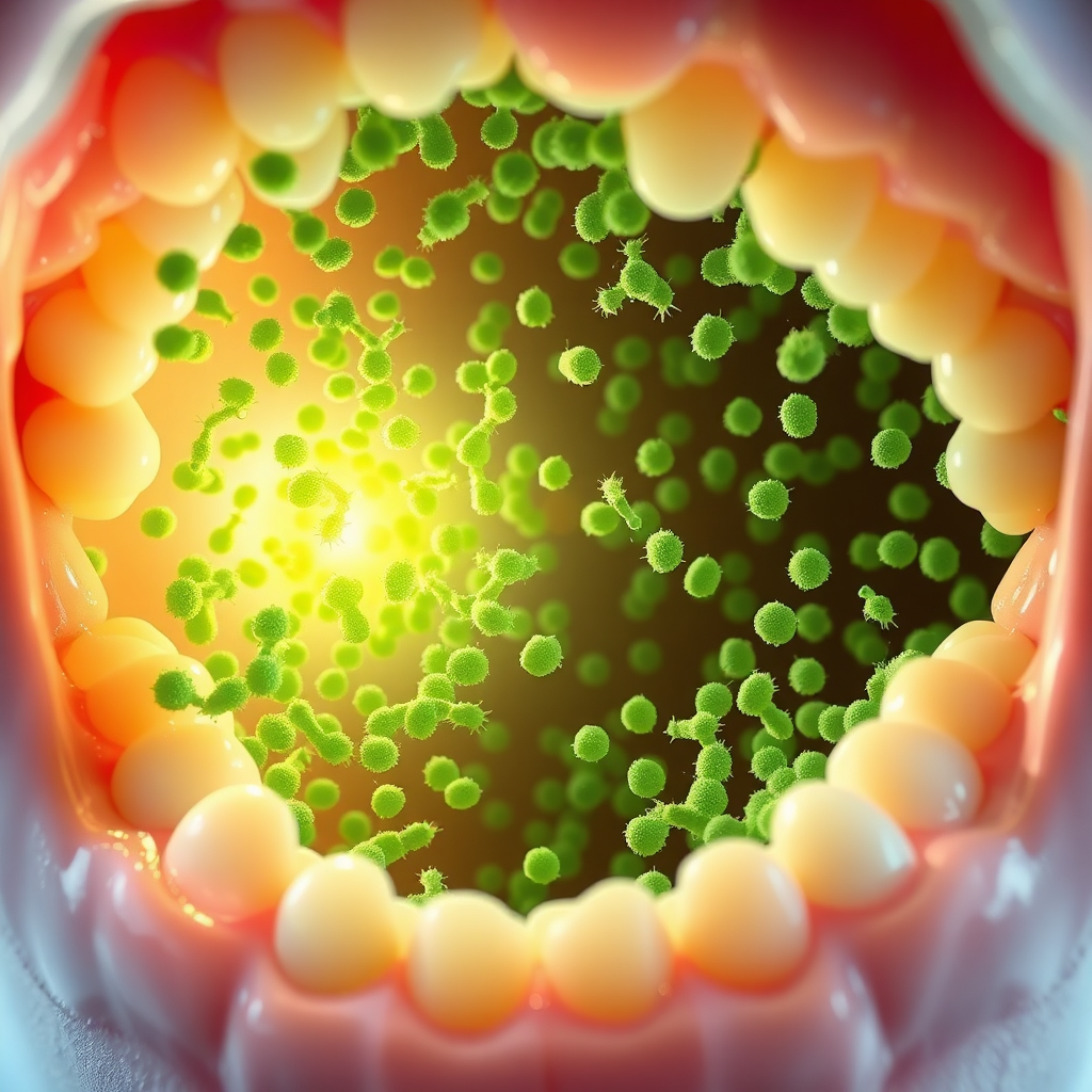 Visualize a thriving colony of beneficial bacteria in a healthy mouth. The bacteria should appear as vibrant, colorful, and well-organized structures. They are emitting a gentle, glowing light. The gums should be healthy and pink, and the teeth clean and bright. The image should convey a sense of balance, harmony, and vitality. Color palette: bright greens, blues, and whites, representing cleanliness and health. Use a soft, diffused lighting to create a welcoming and inviting atmosphere. This image should be optimistic and reassuring. 8k resolution, detailed textures.