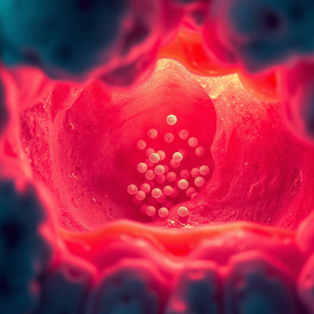 Visualize microscopic view of Prodentim's probiotics penetrating the oral biofilm (plaque). The probiotics should appear as small, vibrant particles that are actively disrupting the biofilm and promoting the growth of beneficial bacteria. The biofilm should appear as a dense, disorganized mass, while the surrounding environment should be clean and healthy. Lighting: microscopic, high-contrast lighting. Color palette: a range of blues, greens, and reds to differentiate between probiotics, biofilm, and healthy tissue. Style: Scientific visualization with artistic enhancements, 8K resolution.