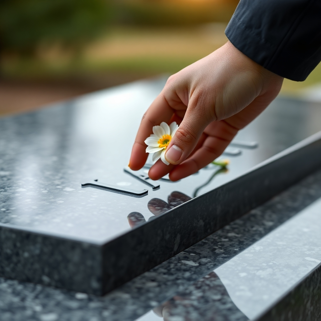 Create a photorealistic 4K image representing Memoriaux de Agape Funeral Home. The scene should portray a gentle hand placing a flower on a newly erected monument. The monument is made of polished granite with a simple, elegant design. Soft, diffused lighting emphasizes the tender gesture and the beauty of the monument. The background is subtly blurred, suggesting a tranquil outdoor setting. Camera angle: close-up, focusing on the hand and the monument. Style: Realistic yet sensitive, conveying compassion and respect. The color palette should be muted and calming, with soft grays, greens, and floral accents. Hyperrealistic, high quality.