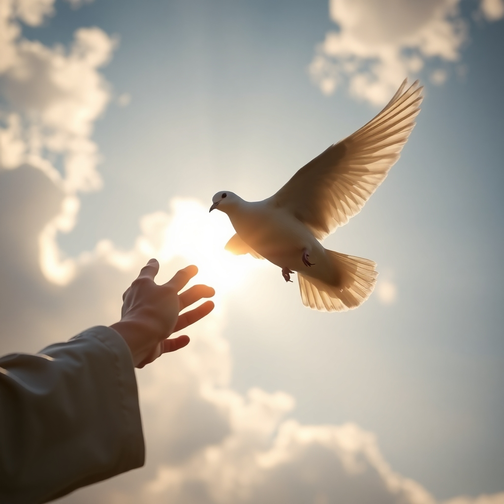Create a photorealistic image of a dove being released into the sky during a funeral service, symbolizing peace and remembrance. Soft, golden sunlight filters through the clouds. Camera angle: low angle, capturing the dove's ascent and the hopeful atmosphere. 4K resolution, high quality. Style: serene, hopeful, and uplifting.