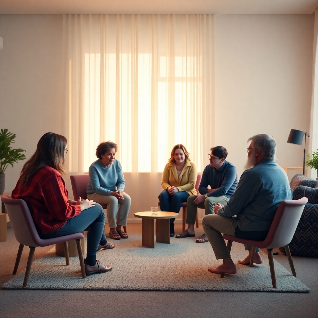 Create a photorealistic image depicting a support group meeting in a softly lit room. People are gathered in a circle, offering each other comfort and support. Gentle, warm lighting creates a safe and empathetic atmosphere. Camera angle: medium shot, capturing the connection between individuals. 4K resolution, high quality. Style: empathetic, supportive, and comforting.
