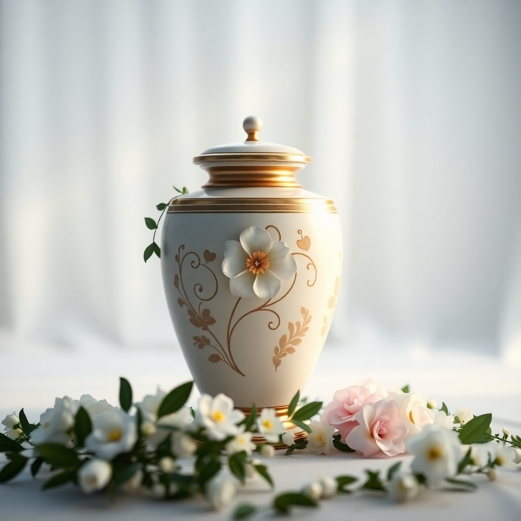 Create a photorealistic image of a beautifully decorated urn in a serene setting, symbolizing remembrance and respect for cremation services. Soft, diffused lighting enhances the sense of peace and dignity. Camera angle: medium shot, capturing the urn and its peaceful surroundings. Style: serene, respectful, and dignified, 4k high quality.