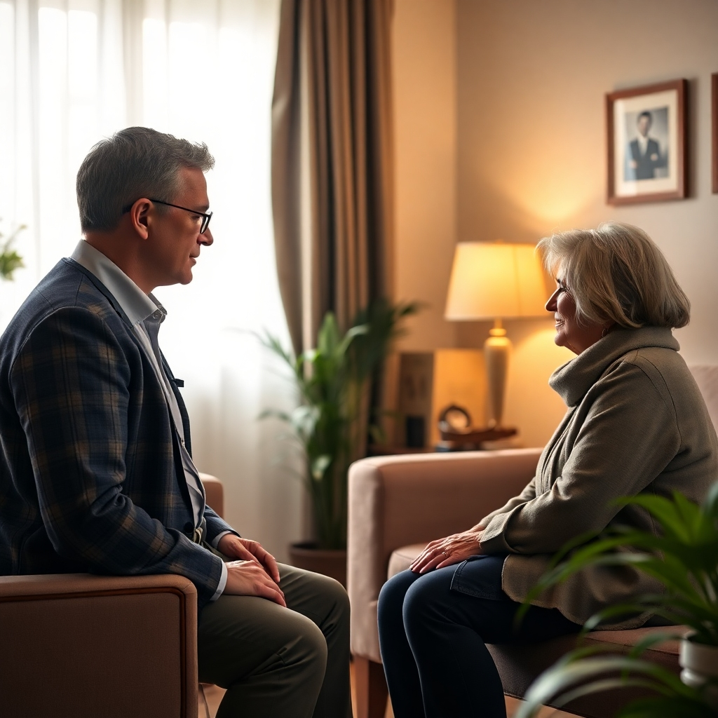 Create a photorealistic image depicting a funeral director speaking with a grieving family in a comforting office setting. Soft, warm lighting creates a safe and supportive atmosphere. Camera angle: medium shot, capturing the empathy and professionalism of the funeral director. Style: comforting, professional, and supportive, 4k high quality.