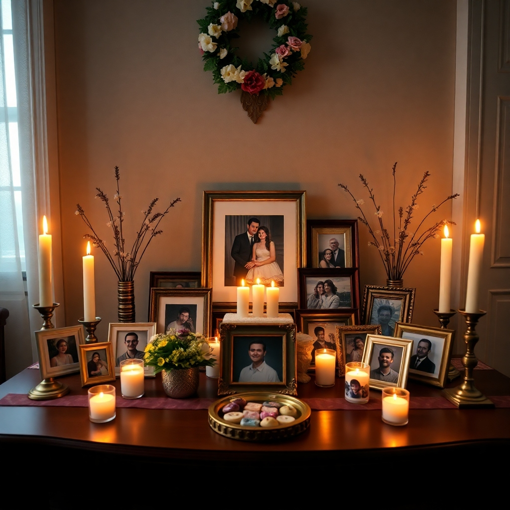 Create a photorealistic image of a memory table adorned with photographs, personal items, and candles, representing a personalized funeral tribute. Soft, warm lighting enhances the sentimental atmosphere. Camera angle: eye-level, capturing the details of the table and its contents. 4K resolution, high quality. Style: warm, intimate, and respectful, high quality