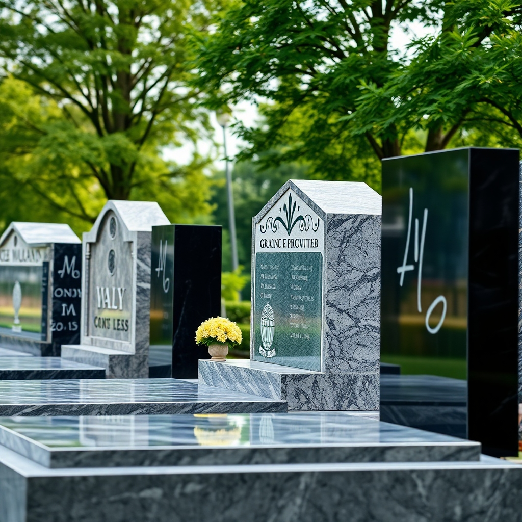 Create a photorealistic image showcasing a selection of granite and bronze monuments in a memorial park, highlighting their craftsmanship and durability. Soft, natural lighting enhances the textures and details of the materials. Camera angle: medium shot, displaying the range of options and their quality. 4K resolution, high quality. Style: classic, durable, and respectful.