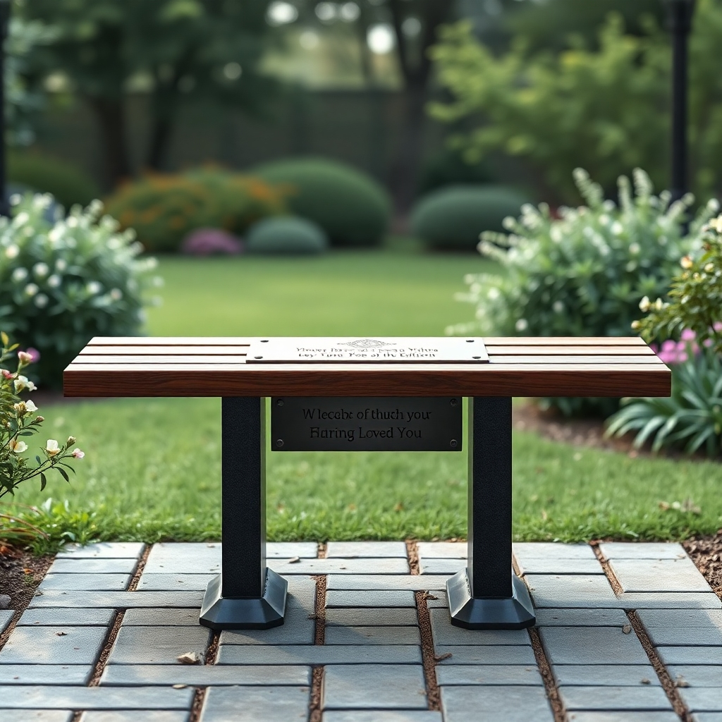 Create a photorealistic image of a memorial bench placed in a tranquil garden setting, with an engraved plaque honoring a loved one. Soft, diffused lighting creates a sense of peace and reflection. Camera angle: medium shot, capturing the bench, the plaque, and the serene environment. 4K resolution, high quality. Style: peaceful, reflective, and enduring.