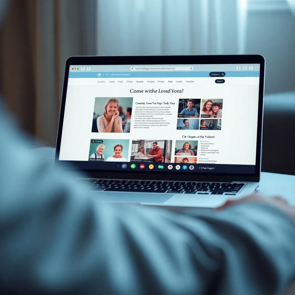 Create a photorealistic image depicting a laptop displaying an online memorial page, with photos, videos, and messages from loved ones. Soft, diffused lighting creates a sense of connection and remembrance. Camera angle: close-up, focusing on the laptop screen and the engaging content. 4K resolution, high quality. Style: modern, connected, and supportive.