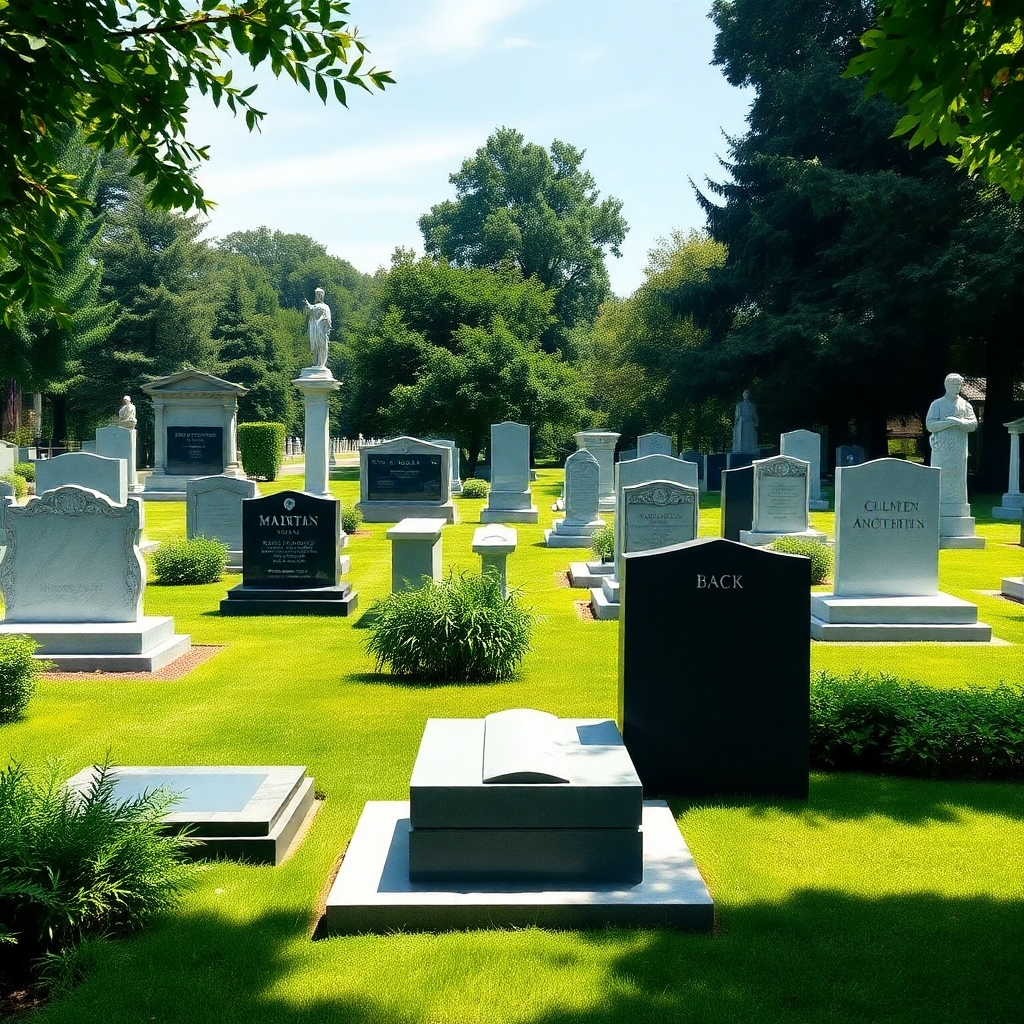 Create a stylized 4K image showcasing various monument designs in a memorial park. The monuments range from traditional headstones to modern sculptures, arranged thoughtfully in a green space. Diffused sunlight creates a serene and contemplative mood. Camera angle: wide shot, highlighting the diversity of memorial options. Style: elegant, diverse, and respectful, high quality